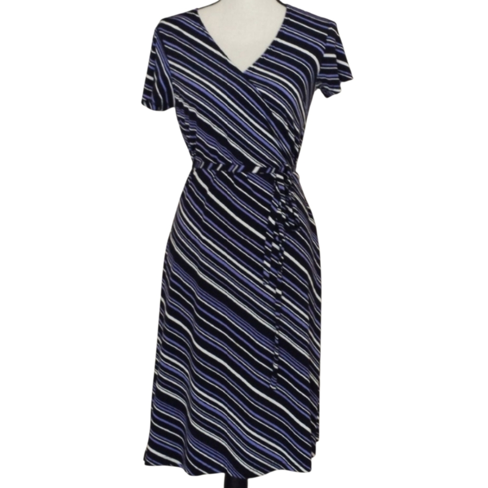 Attention Wrap Shealth V Neck Midi Dress Striped Cap Sleeve Women Xsmall